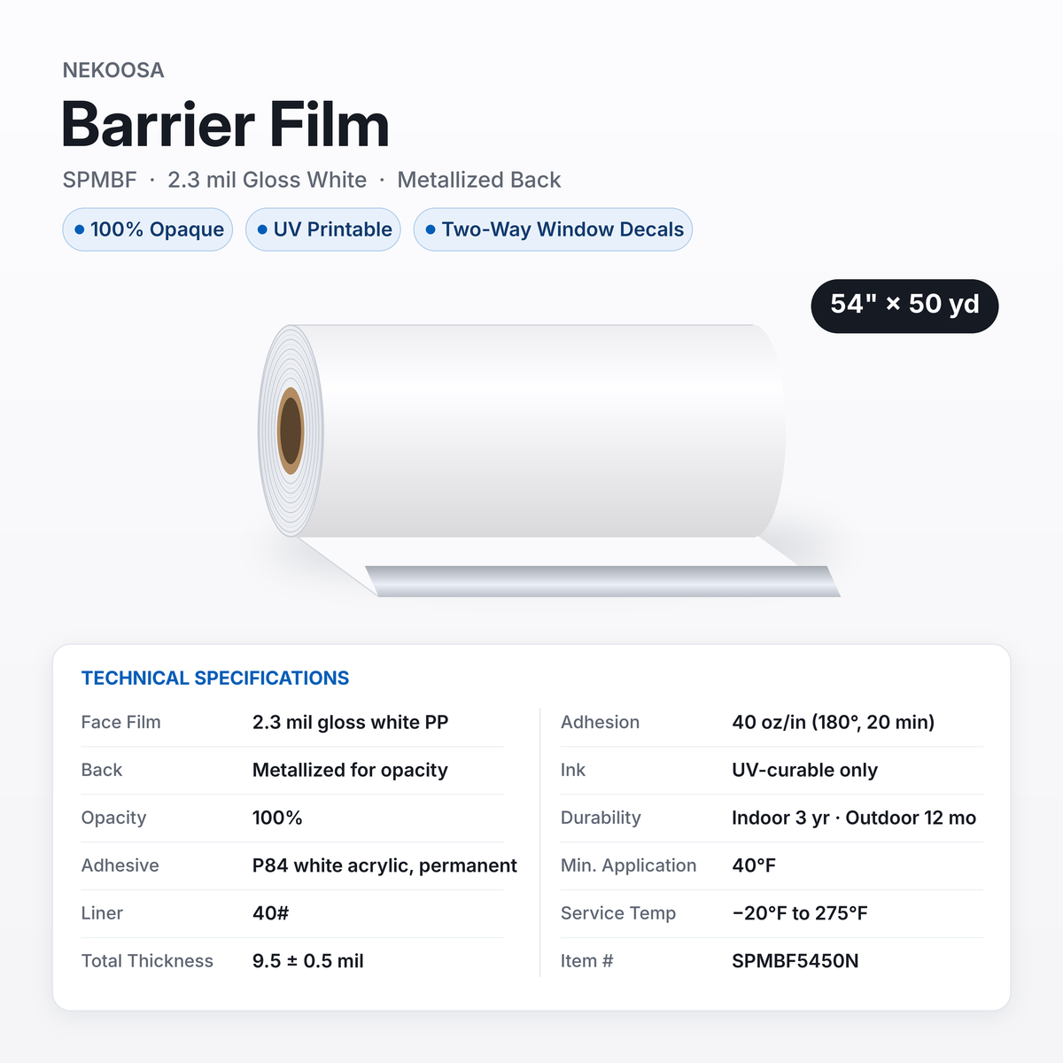 Nekoosa Barrier Film SPMBF 2.3-mil for Two-Way Window Decals — 54" x 50yd